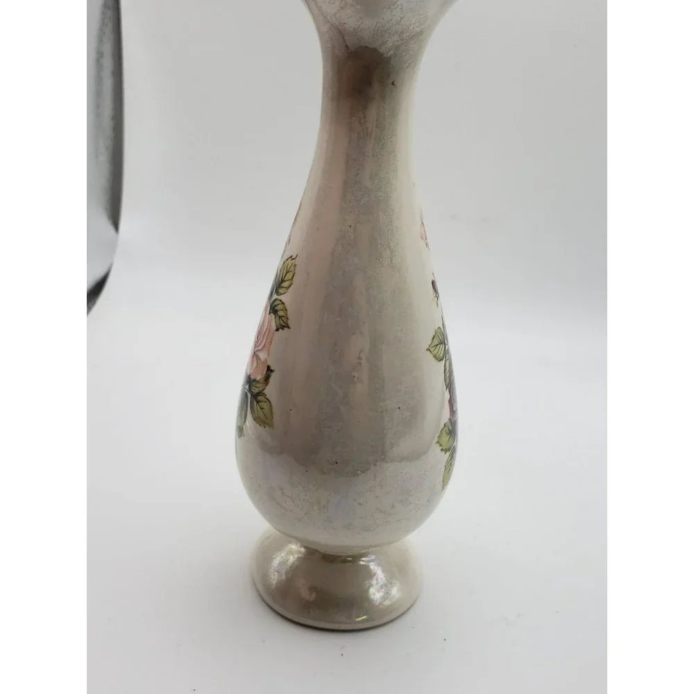 VTG Antique Iridescent Pink Rose Floral Single Stem Bud Vase Signed Fay's Cerami